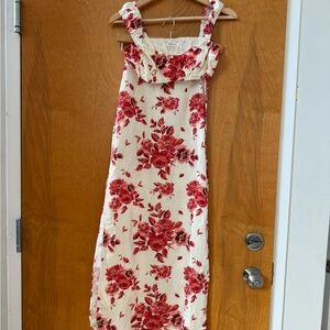 Peppermayo Cream Floral Crop Top / Skirt Linen Set with Red Rose Print
